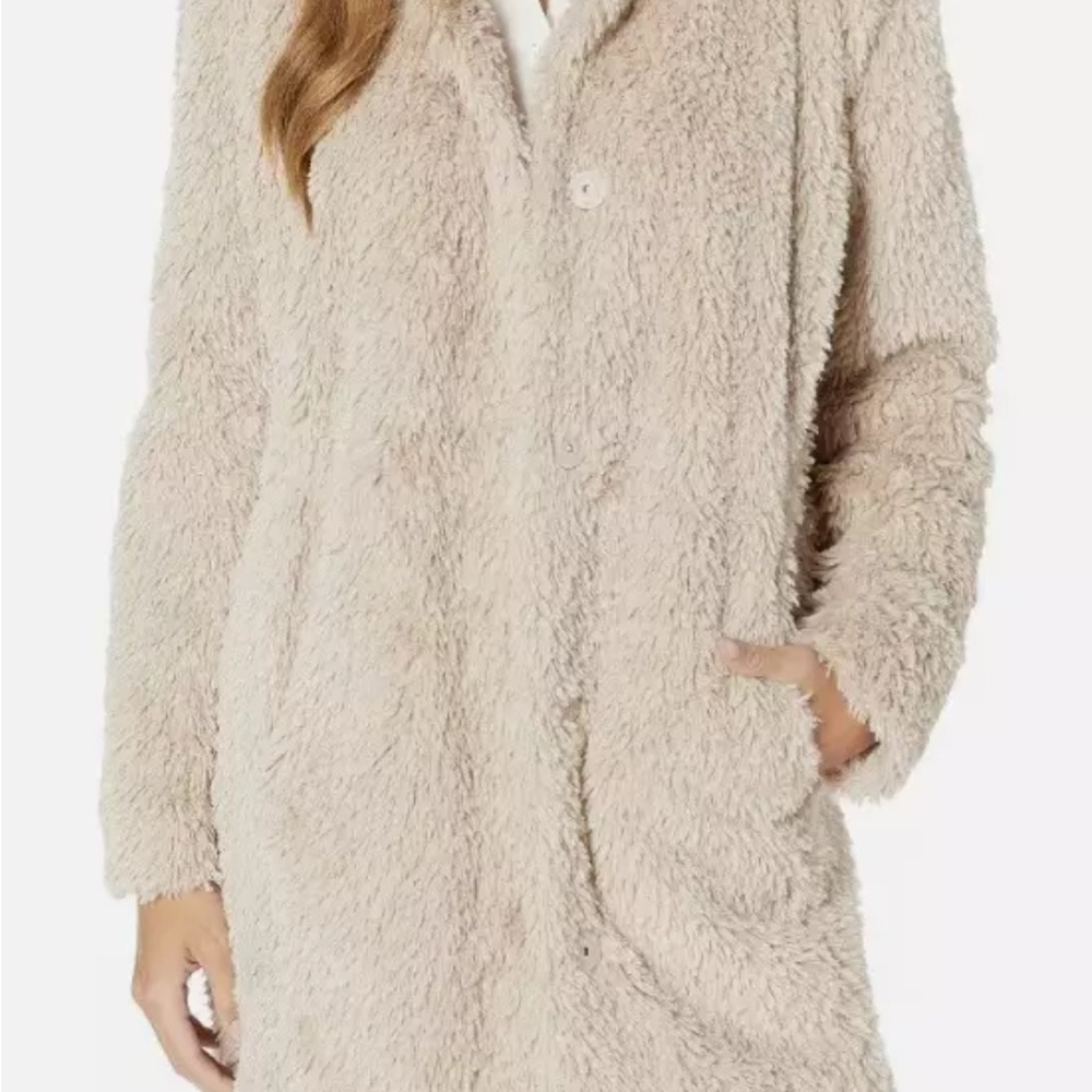 Kenneth Cole Faux Fur Coat Womens Large Beige Hidden Snap Long Sleeve Jacket
